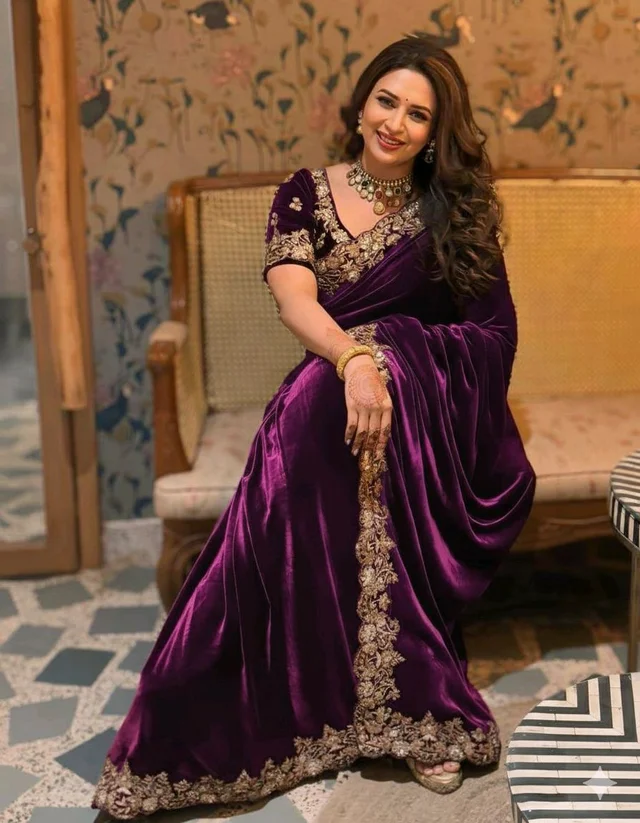Luxury Designer Velvet Saree with Sequin & Jari Work - Purple