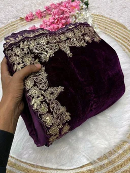 Luxury Designer Velvet Saree with Sequin & Jari Work - Purple