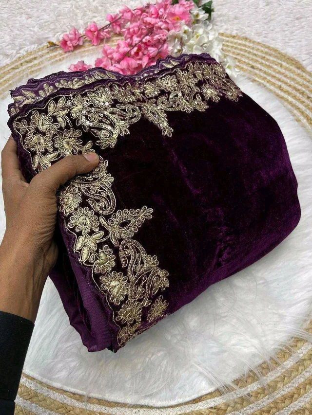 Luxury Designer Velvet Saree with Sequin & Jari Work - Purple