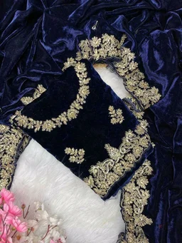 Luxury Designer Velvet Saree with Sequin & Jari Work - Navy Blue