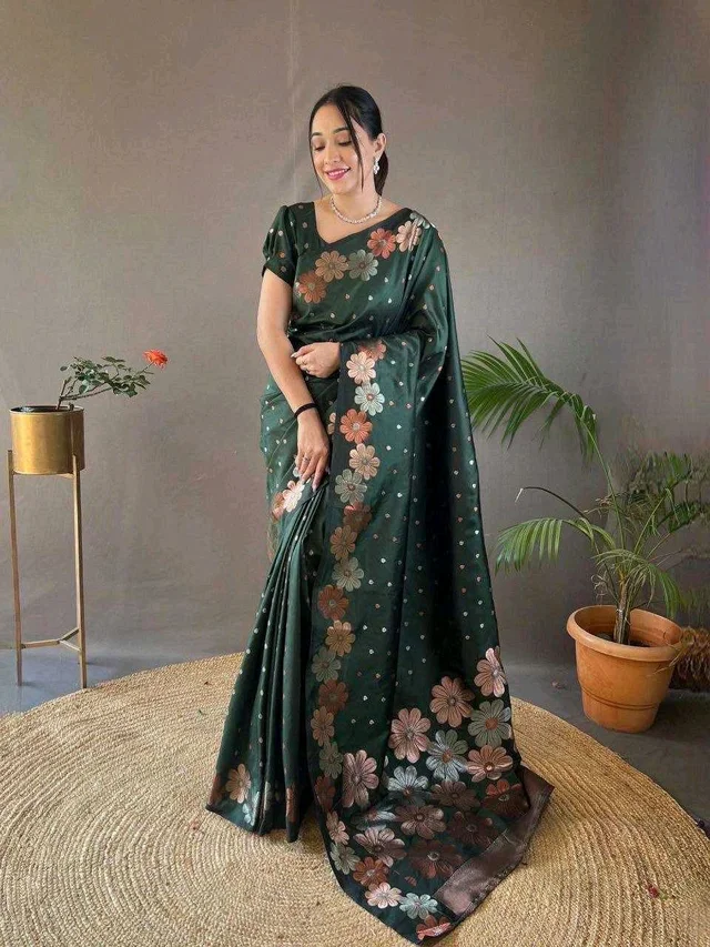 Banarasi Soft Silk Saree - bottle green