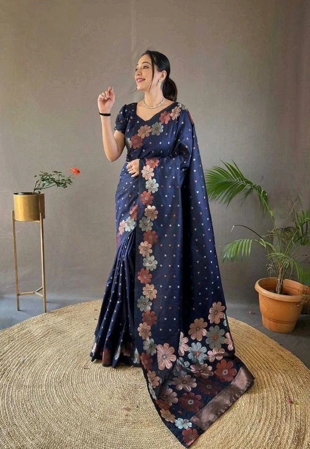 Banarasi Soft Silk Saree - Navy Blue