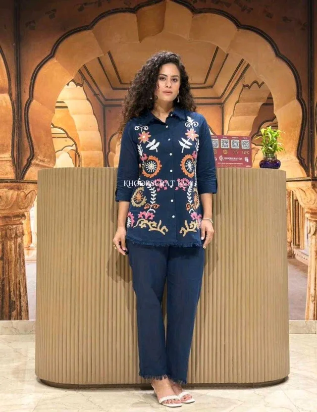Premium Cotton Flax Co-ord Set – Fully Embroidered - M, Navy Blue