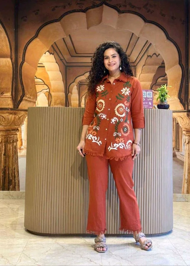 Premium Cotton Flax Co-ord Set – Fully Embroidered - M, orange