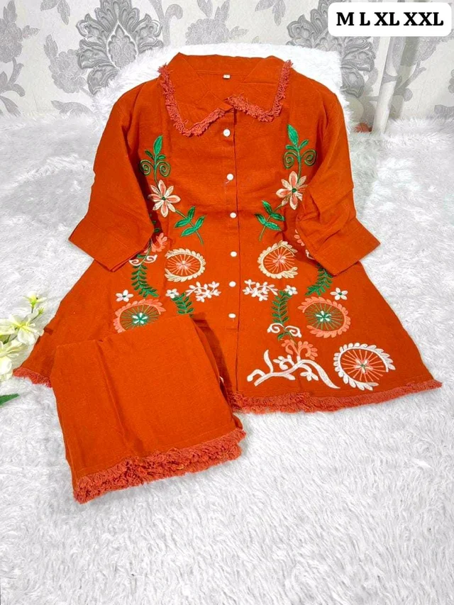 Premium Cotton Flax Co-ord Set – Fully Embroidered - M, orange