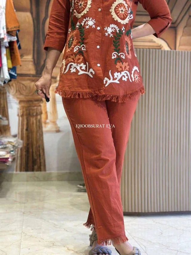 Premium Cotton Flax Co-ord Set – Fully Embroidered - M, orange