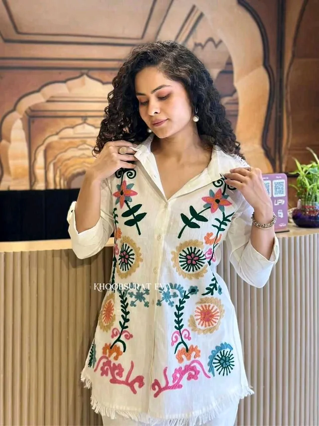 Premium Cotton Flax Co-ord Set – Fully Embroidered - L, White