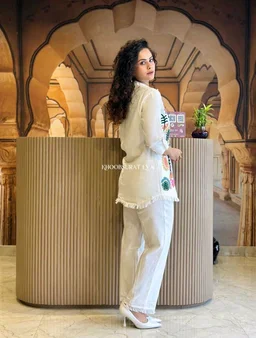 Premium Cotton Flax Co-ord Set – Fully Embroidered - L, White