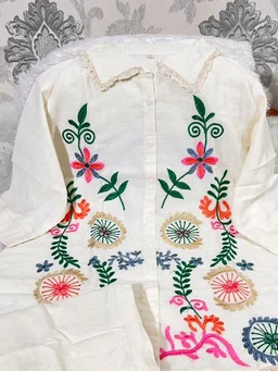 Premium Cotton Flax Co-ord Set – Fully Embroidered - L, White