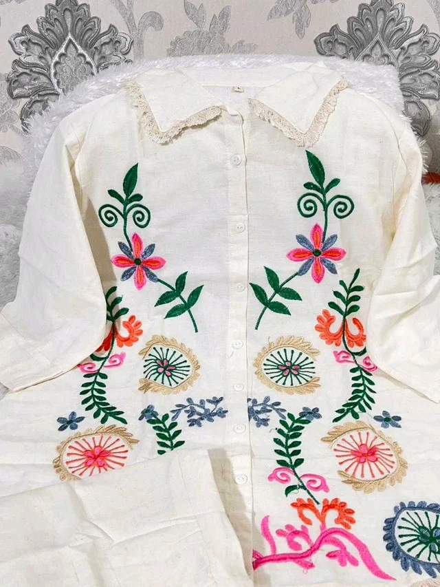 Premium Cotton Flax Co-ord Set – Fully Embroidered - L, White
