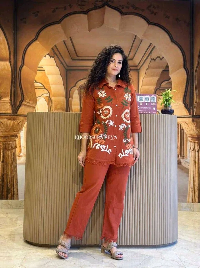 Premium Cotton Flax Co-ord Set – Fully Embroidered - L, orange