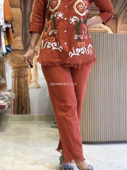 Premium Cotton Flax Co-ord Set – Fully Embroidered - L, orange