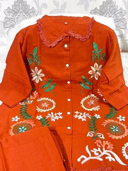 Premium Cotton Flax Co-ord Set – Fully Embroidered - L, orange