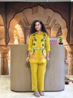 Premium Cotton Flax Co-ord Set – Fully Embroidered - L, mustard