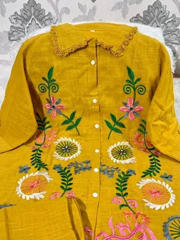 Premium Cotton Flax Co-ord Set – Fully Embroidered - L, mustard