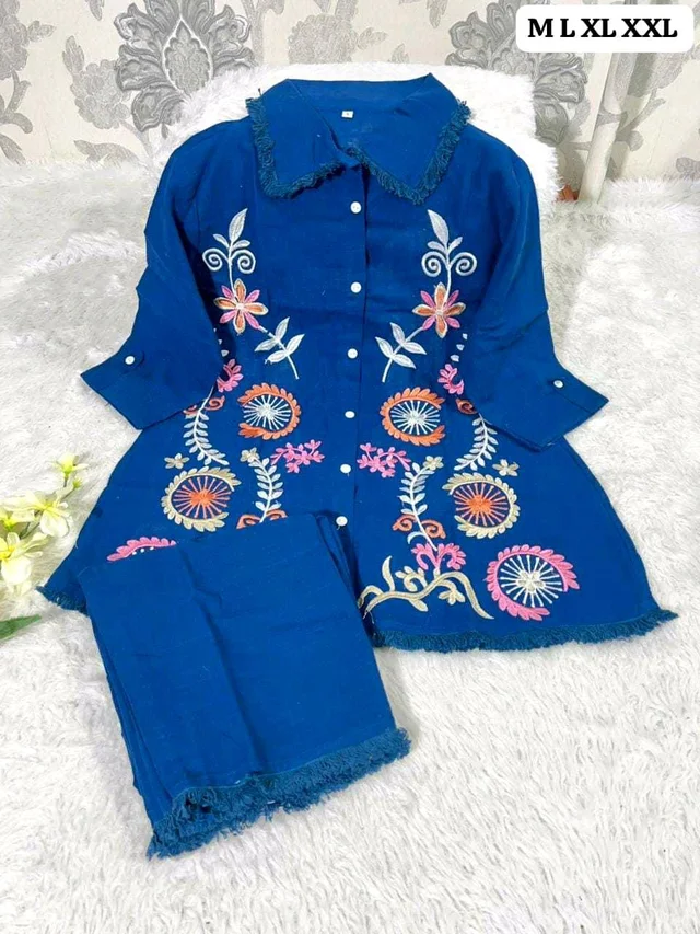 Premium Cotton Flax Co-ord Set – Fully Embroidered - XL, Navy Blue