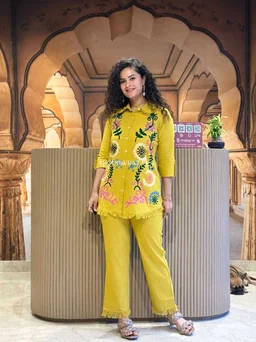 Premium Cotton Flax Co-ord Set – Fully Embroidered - XL, mustard