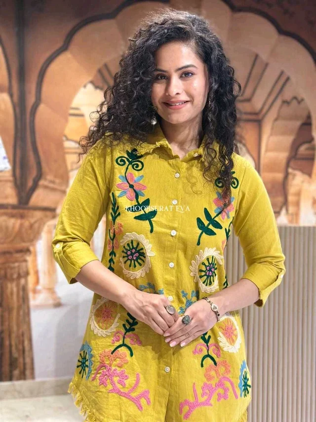 Premium Cotton Flax Co-ord Set – Fully Embroidered - XXL, mustard