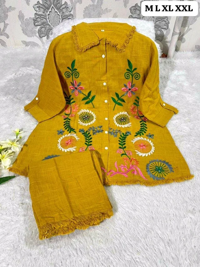 Premium Cotton Flax Co-ord Set – Fully Embroidered - XXL, mustard