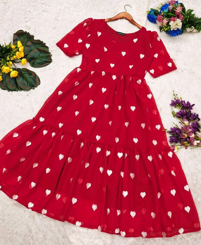 Valentine Red Heart Embroidery Midi Gown - S, Red