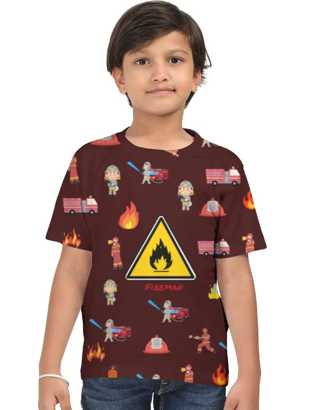 ROSEVERA Kids AOP Fireman Theme T-Shirt - 9-10, Morocco Brown