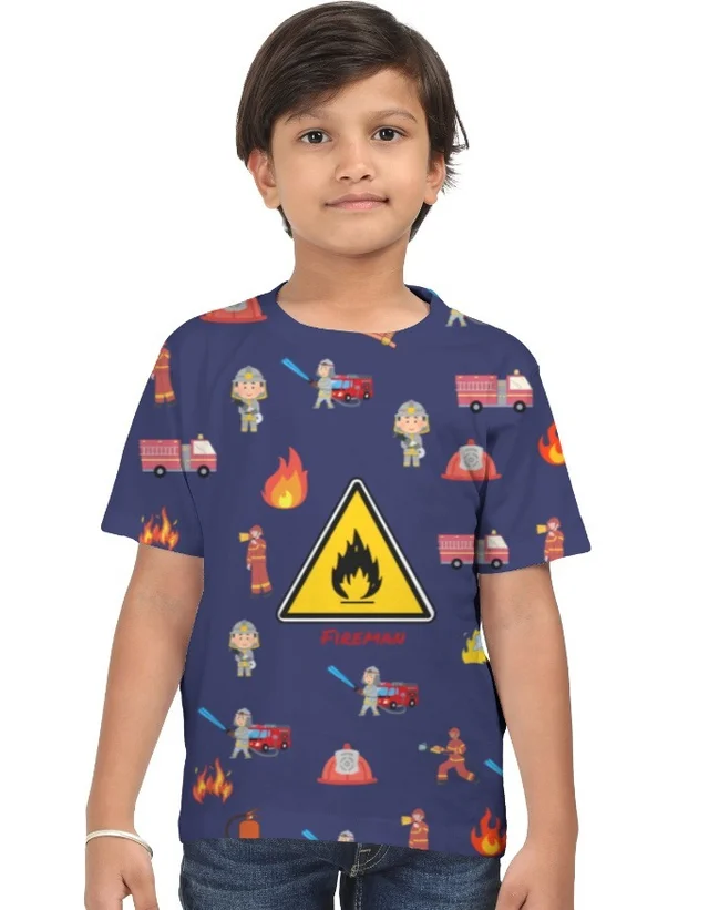 ROSEVERA Kids AOP Fireman Theme T-Shirt - 9-10, Navy Blue