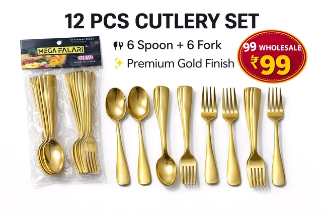 Mega Falari 12 PCS Gold Cutlery Set | 6 Spoon + 6 Fork | Stainless Steel Premium Finish | Best Wholesale Item