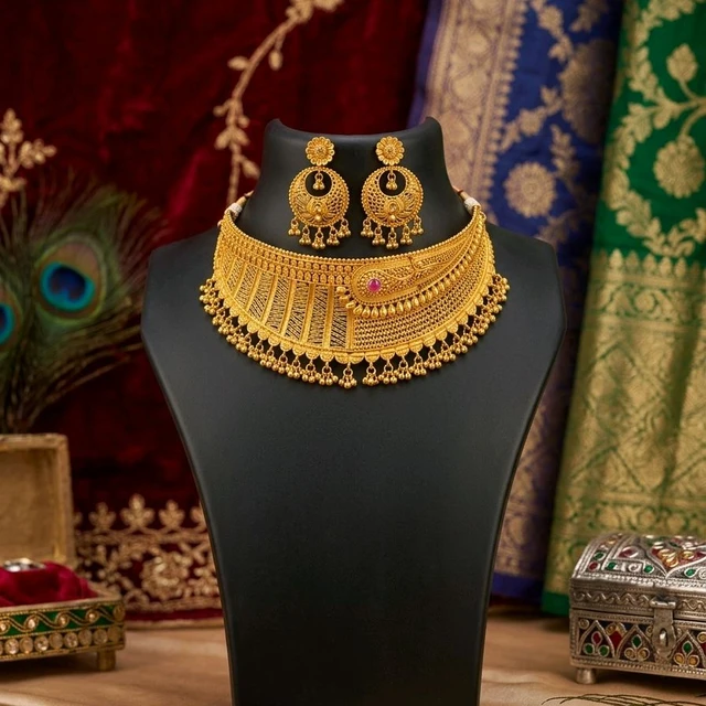 Gold Choker Necklace With Earrings - Pure Gold Layered