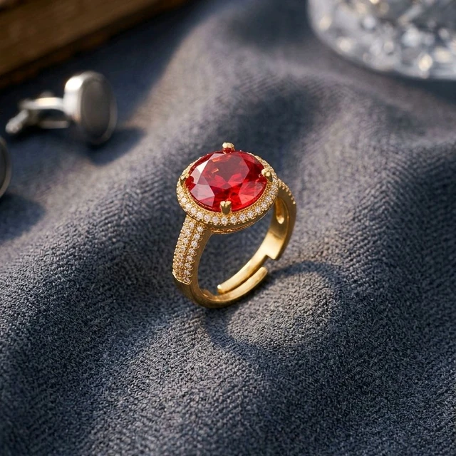 Red Diamond Ring For womens - 1gm Gold Plated
