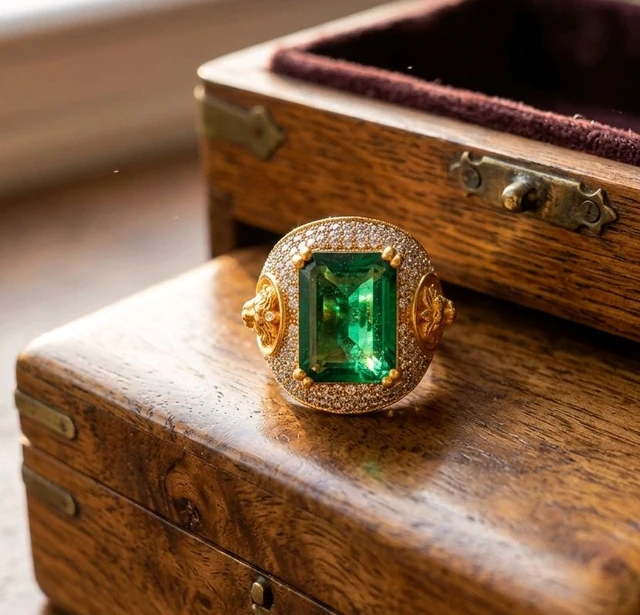 Heavy Ring For Mens with Green Diamond - 1gm Gold Plated