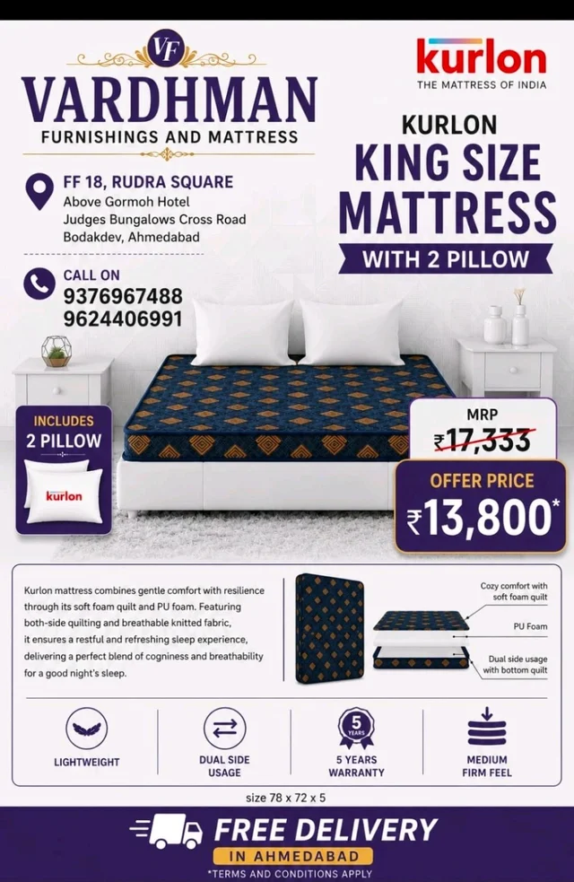 Kurlon King Size Foam Mattress 5 Years Warranty With 2 Pillow And Delivery In Ahmedabad - 78 x 72 x 5