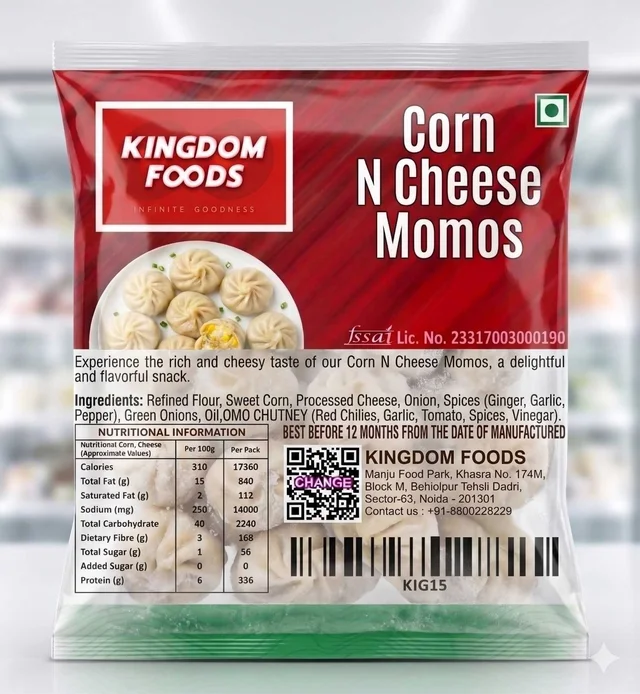 Kingodm Foods Corn N Cheese Momos (Frozen) (30 Gm/Pc) – 50 Pcs