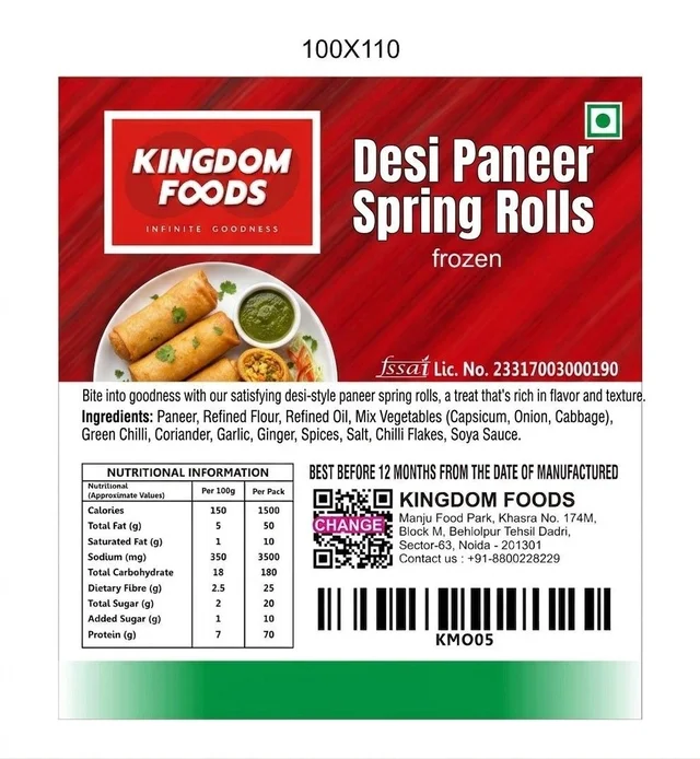Kingodm Foods Desi Paneer Spring Rolls (Frozen) (100 Gm/Pc) – Pack of 10 Pieces, 1 Kg