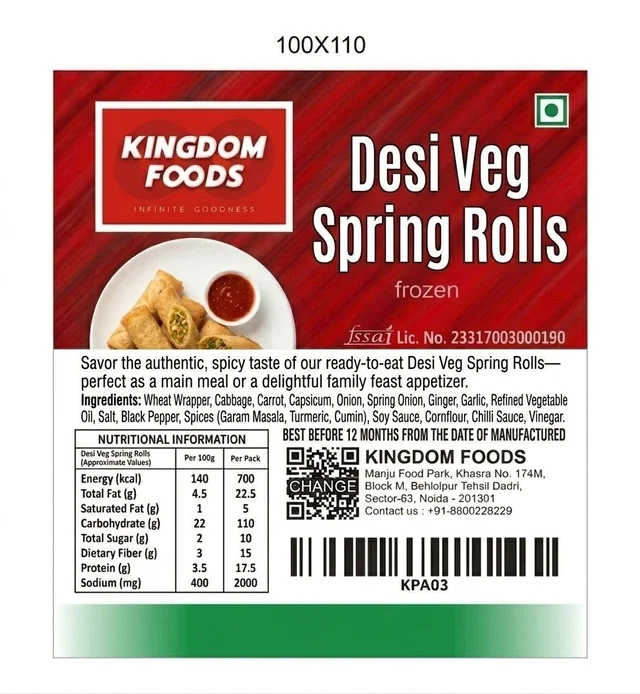 Kingodm Foods Desi Veg Spring Rolls (Frozen) (100 Gram/Pc) – 10 Pieces/ Pack
