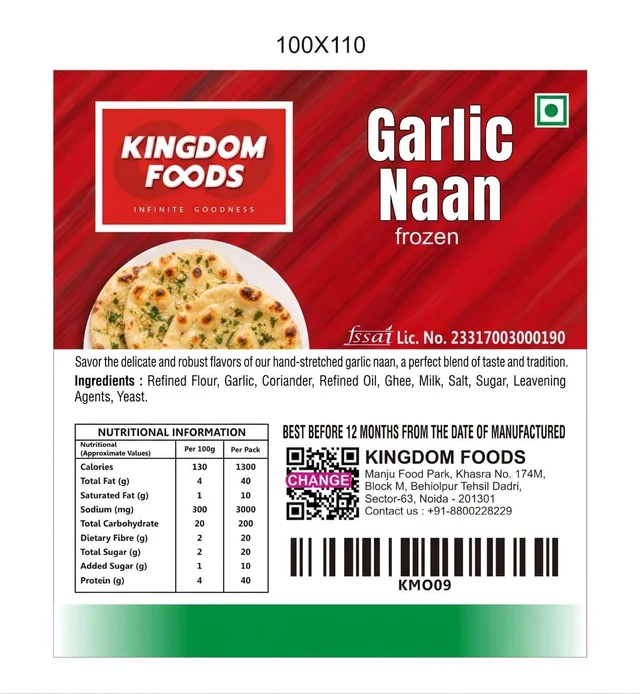Kingodm Foods Garlic Naan (Frozen) (80 Gm/8 inch/Pc) – Pack of 4 Pieces, 1 Packet