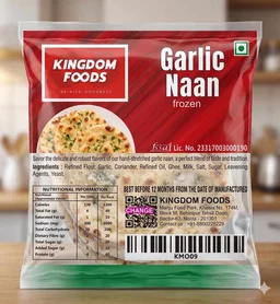 Kingodm Foods Garlic Naan (Frozen) (80 Gm/8 inch/Pc) – Pack of 4 Pieces, 1 Packet