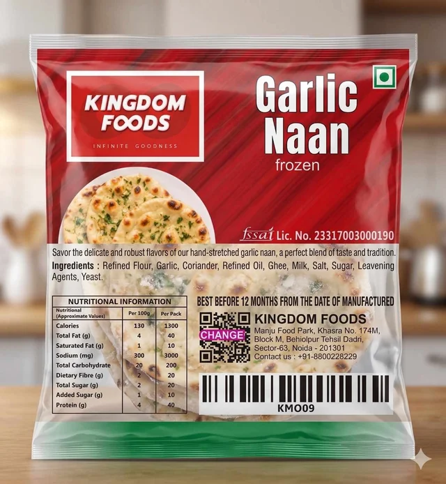 Kingodm Foods Garlic Naan (Frozen) (80 Gm/8 inch/Pc) – Pack of 4 Pieces, 1 Packet