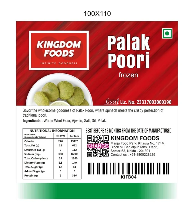 Kingodm Foods Palak Poori (Frozen) (28 Gm/Pc) – Pack of 10 Pieces, 1 Packet