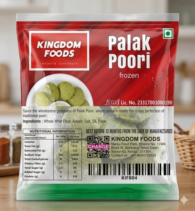 Kingodm Foods Palak Poori (Frozen) (28 Gm/Pc) – Pack of 10 Pieces, 1 Packet