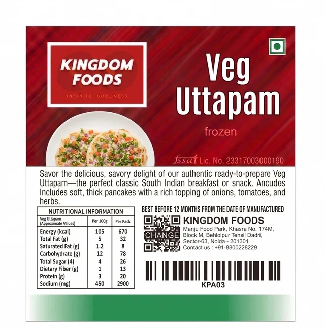 Kingodm Foods Veg Uttapam (Frozen) (50 Gm/Pc) – 20 Pcs