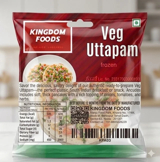 Kingodm Foods Veg Uttapam (Frozen) (50 Gm/Pc) – 20 Pcs