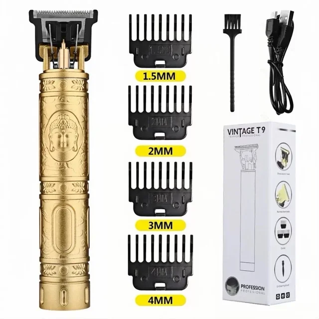 T9 Professional Hair Trimmer for Men, Golden Metal Body, Cordless, USB Rechargeable, Zero Gap Beard and Hair Clipper with 4 Guide Combs and Brush