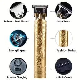 T9 Professional Hair Trimmer for Men, Golden Metal Body, Cordless, USB Rechargeable, Zero Gap Beard and Hair Clipper with 4 Guide Combs and Brush