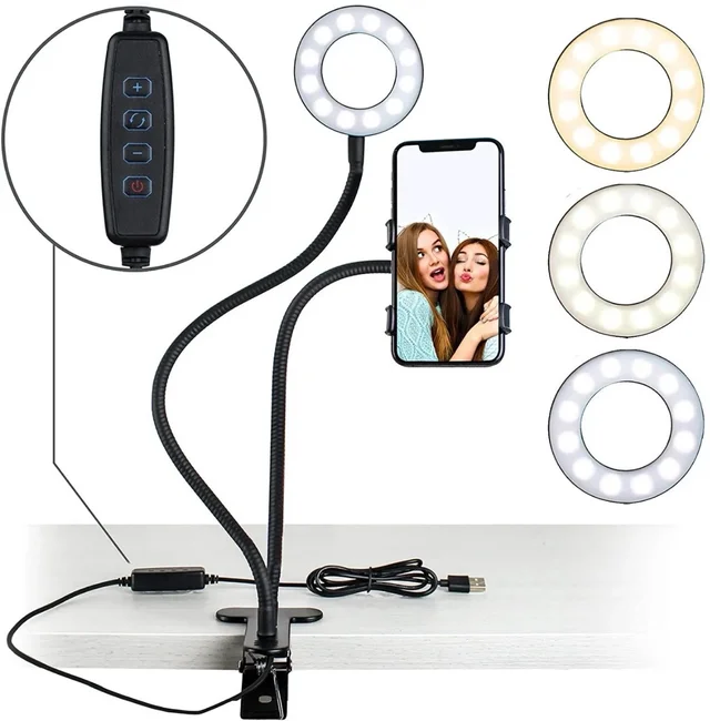 Excefore Selfie Ring Light with 24” Gooseneck Stand & Cell Phone Holder, Social Media Influencer Live-Streaming Phone Mount and Light Kit for Live Stream Office Kitchen(Black)