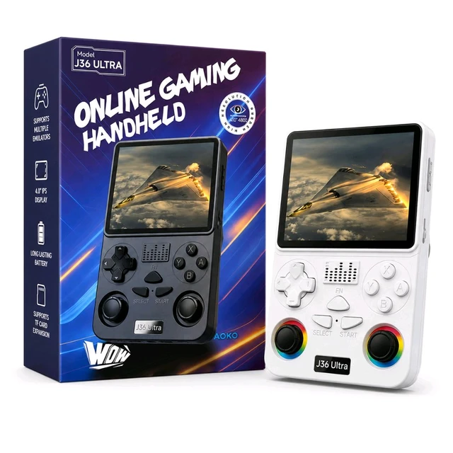 J36 Ultra Handheld Game Console 64GB, Portable Retro Video Game Player with RGB Dual Joysticks, Online Multiplayer Gaming, Transparent Blue, Built-in Classic Games, Travel Gaming Device