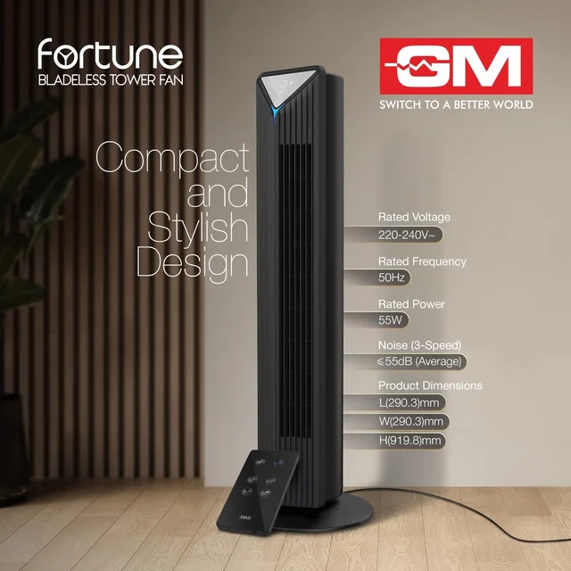 GM Fortune Bladeless Tower Fan with Air Purifier - Black