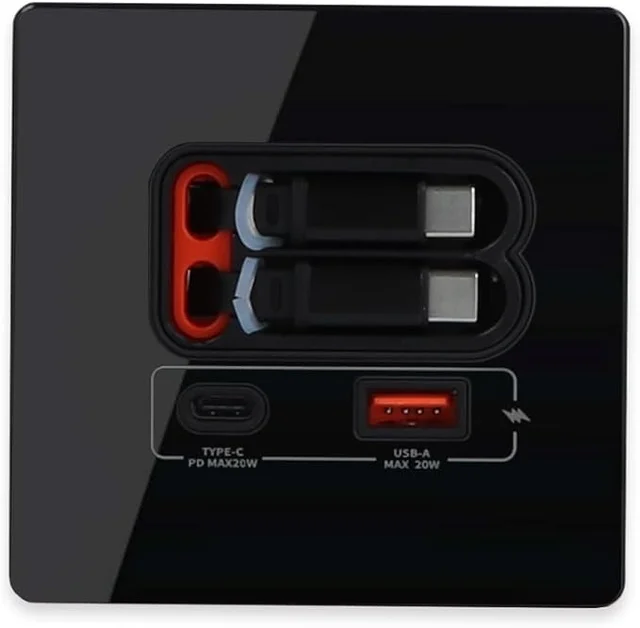 Recessed USB Retractable Extension Socket - Glass Black