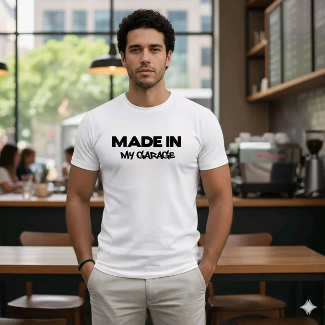 Men's Soft White Comfortable "MADE IN MY GARAGE" Tshirt. Oversized With Sporty And Gym Tshirt.. - White, S