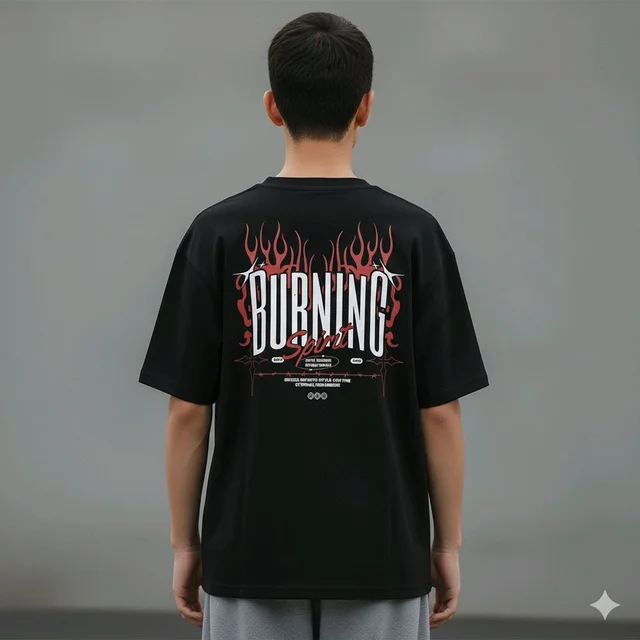 Men's Black Oversize Burning T-Shirt | Soft Cotton, Comfortable Streetwear & Sports Tee | Back Graphic Anti-Hero Fit