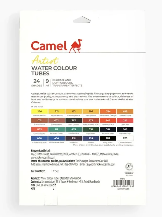 CAMEL Camlin 1305733 - CAM ARTIST WATER COLOUR TUBES 24 SHADES 9ML EACH (Set of 1, Multicolor)
